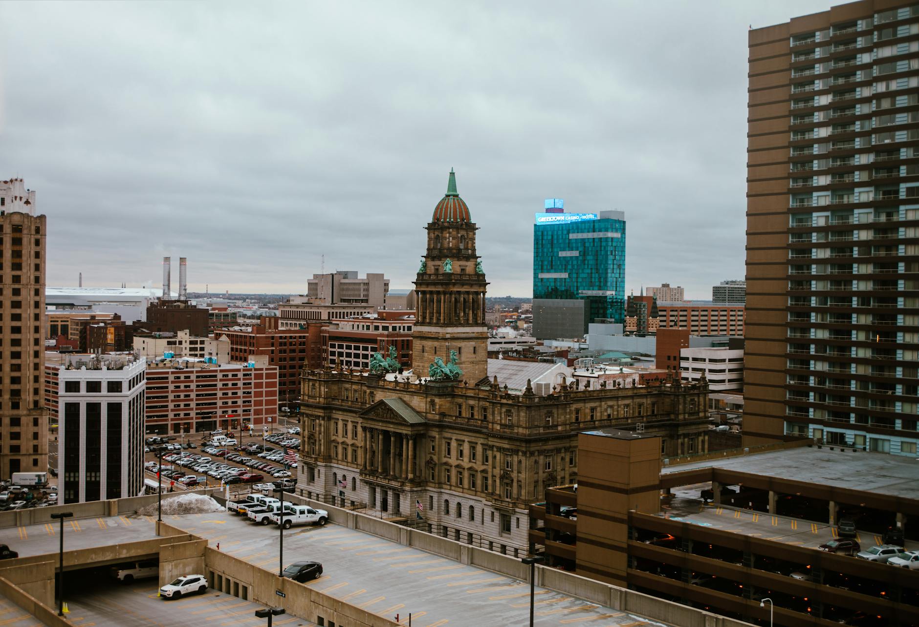 Aerial view of downtown Detroit with historic and modern architecture